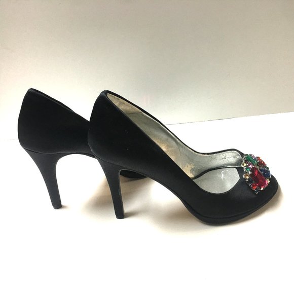 Jewel Tone Rhinestone Black Open Toe Pumps Stiletto Heels Shoes Mad Men Style - Picture 3 of 9